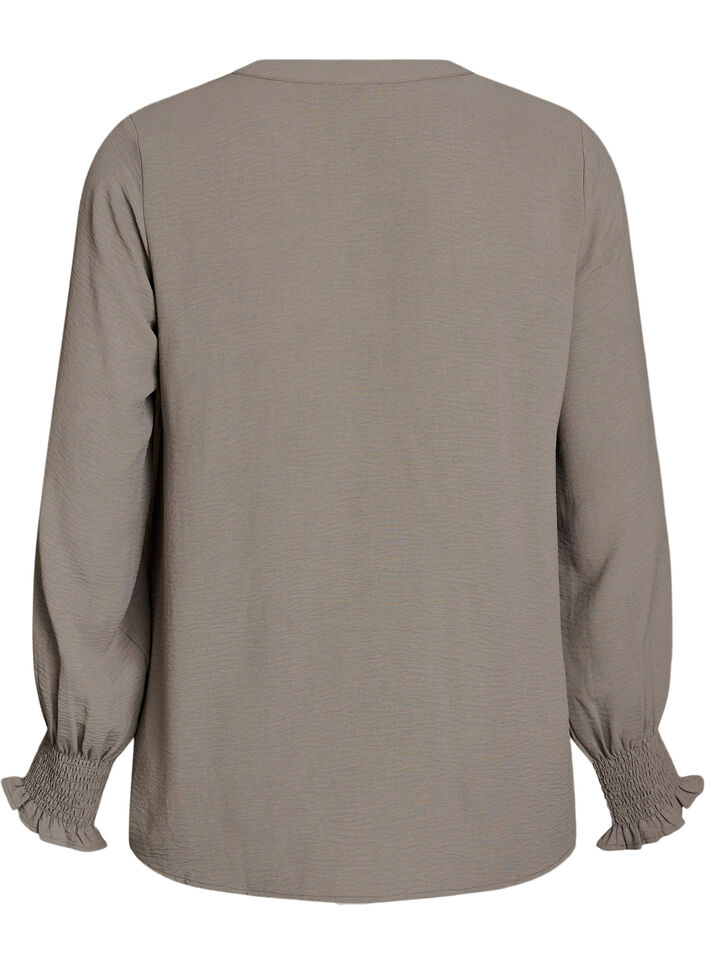 Bluse med smock manchetter og V-udsk&aelig;ring, Beige, Packshot image number 1