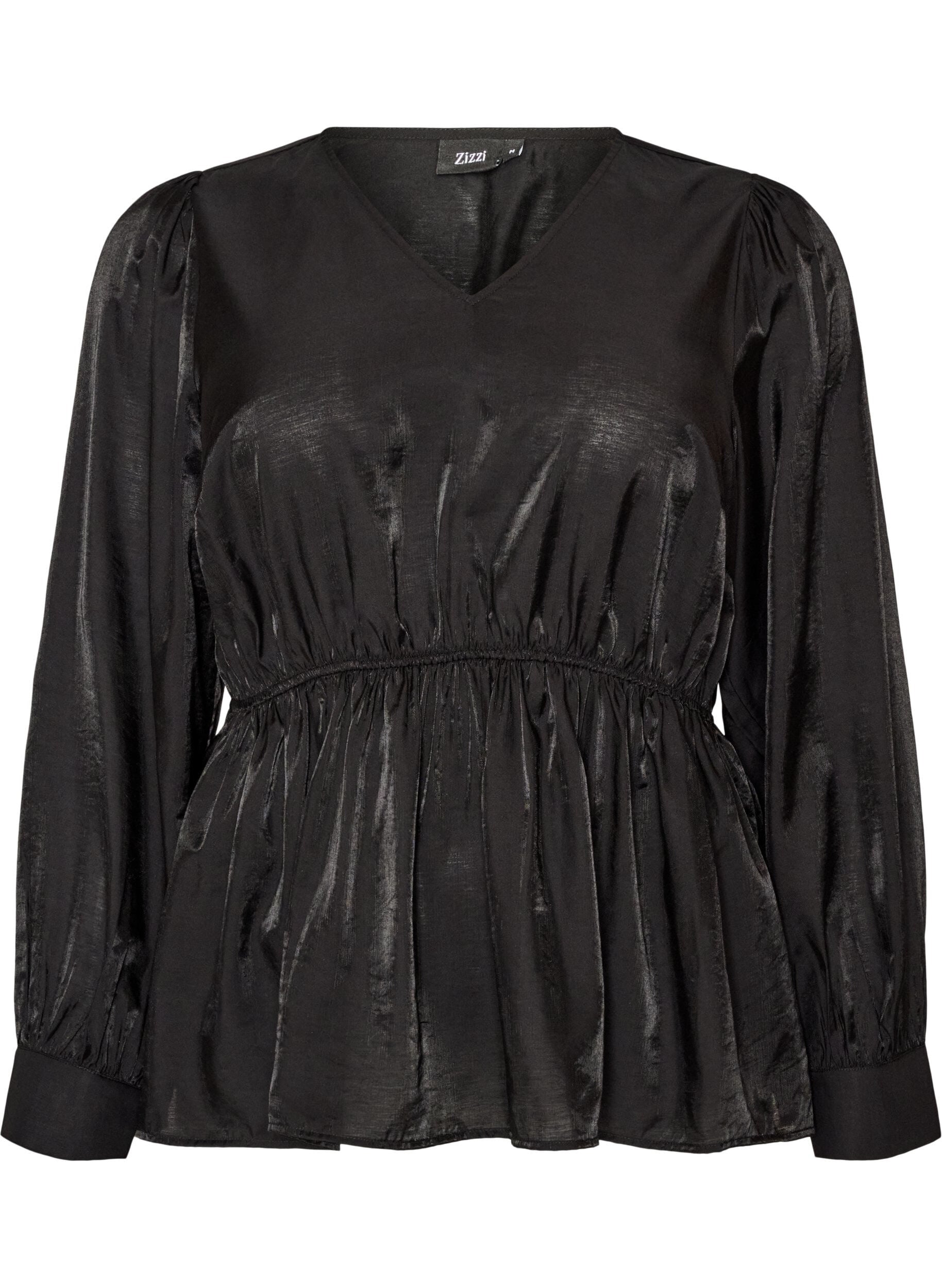 ZizziGlansfuld viskosebluse med peplum-effekt, Sort, Packshot image number 0