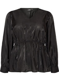 Glansfuld viskosebluse med peplum-effekt, Sort