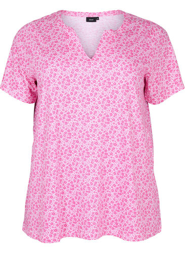 Blomstret bomulds t-shirt med v-hals, Shocking Pink AOP, Packshot image number 0