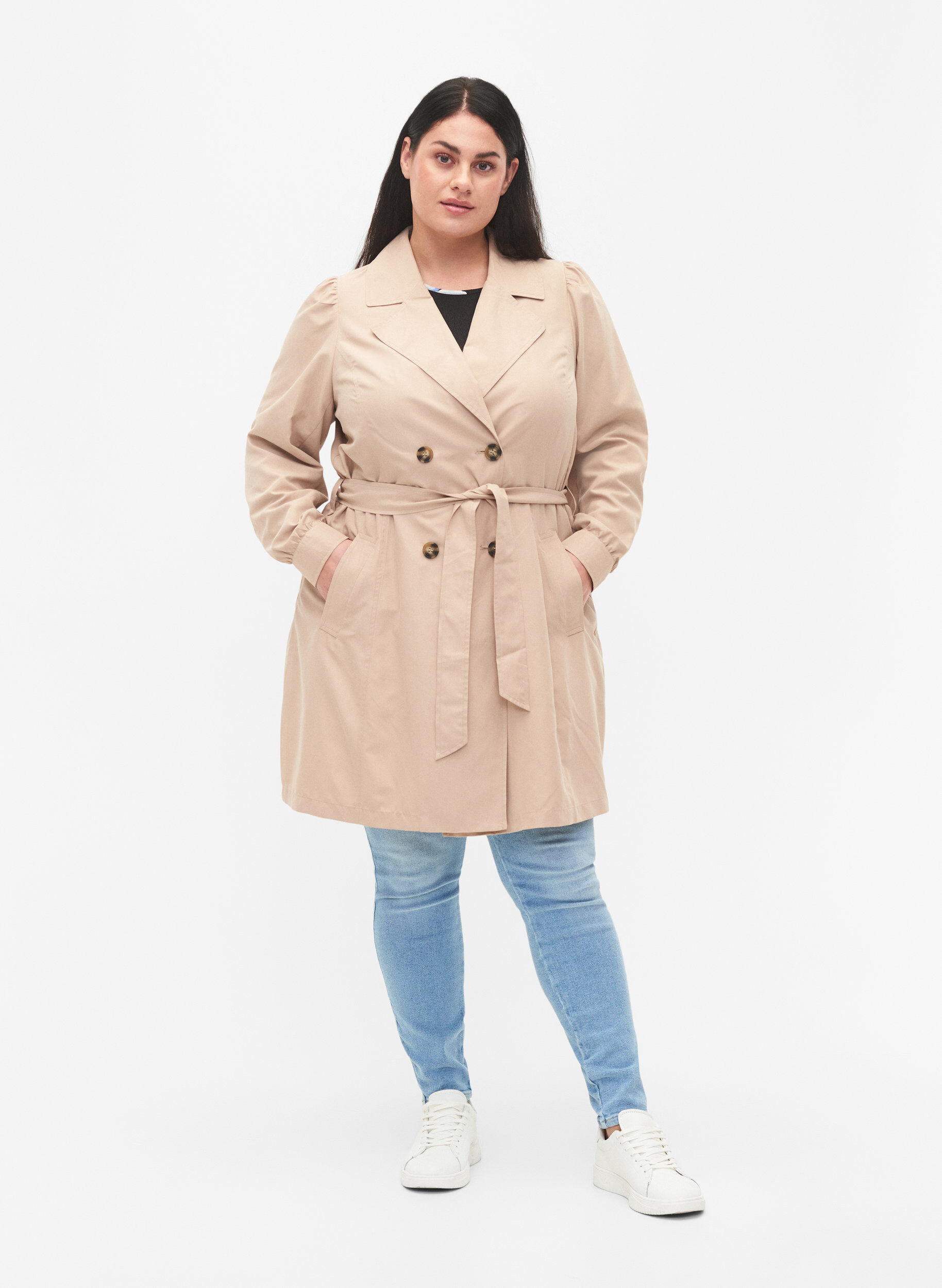 Zizzi Trenchcoat med b&aelig;lte og lommer, Nomad, Model image number 2