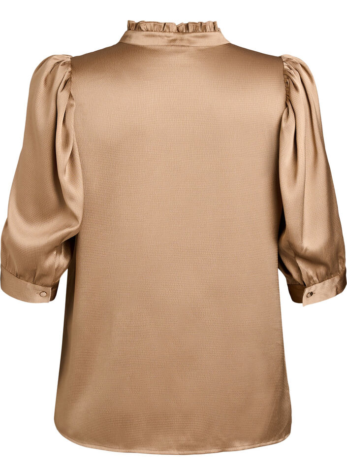 Bluse i satin-look med 1/2 &aelig;rmer og fl&aelig;sekrave, Brun, Packshot image number 1