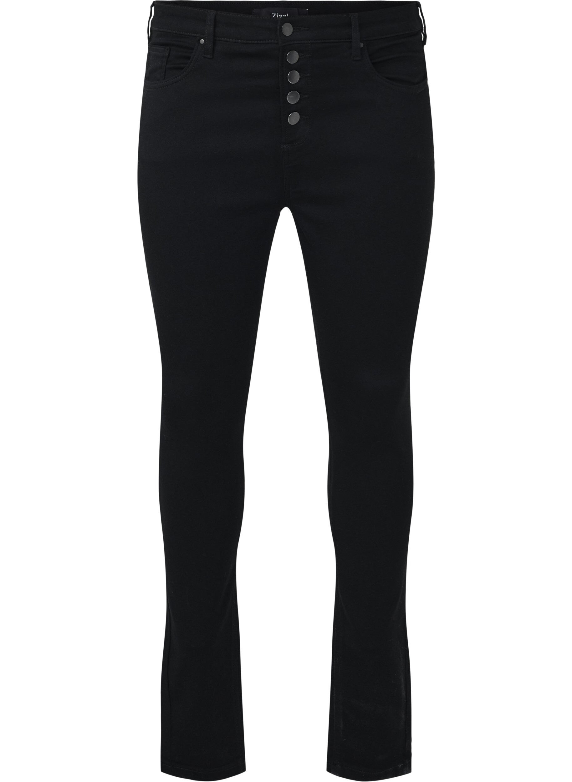 Zizzi H&oslash;jtaljede Amy jeans med knaplukning, Black, Packshot image number 0