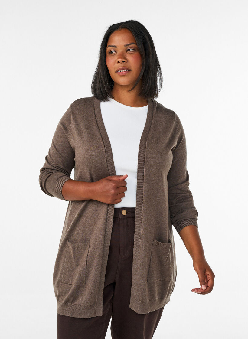 Lang strikcardigan i viskosemix, Brun, Model image number 0