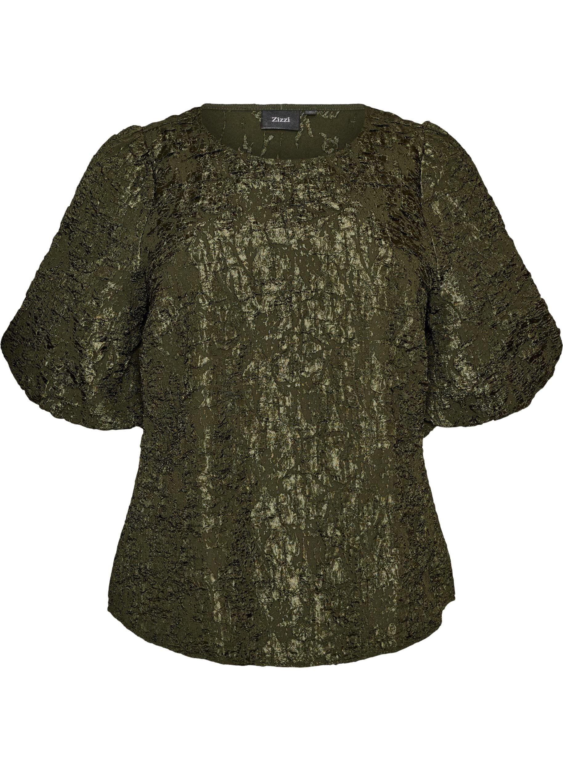ZizziJacquardbluse med puf&aelig;rmer og A-form, Gr&oslash;n, Packshot image number 0