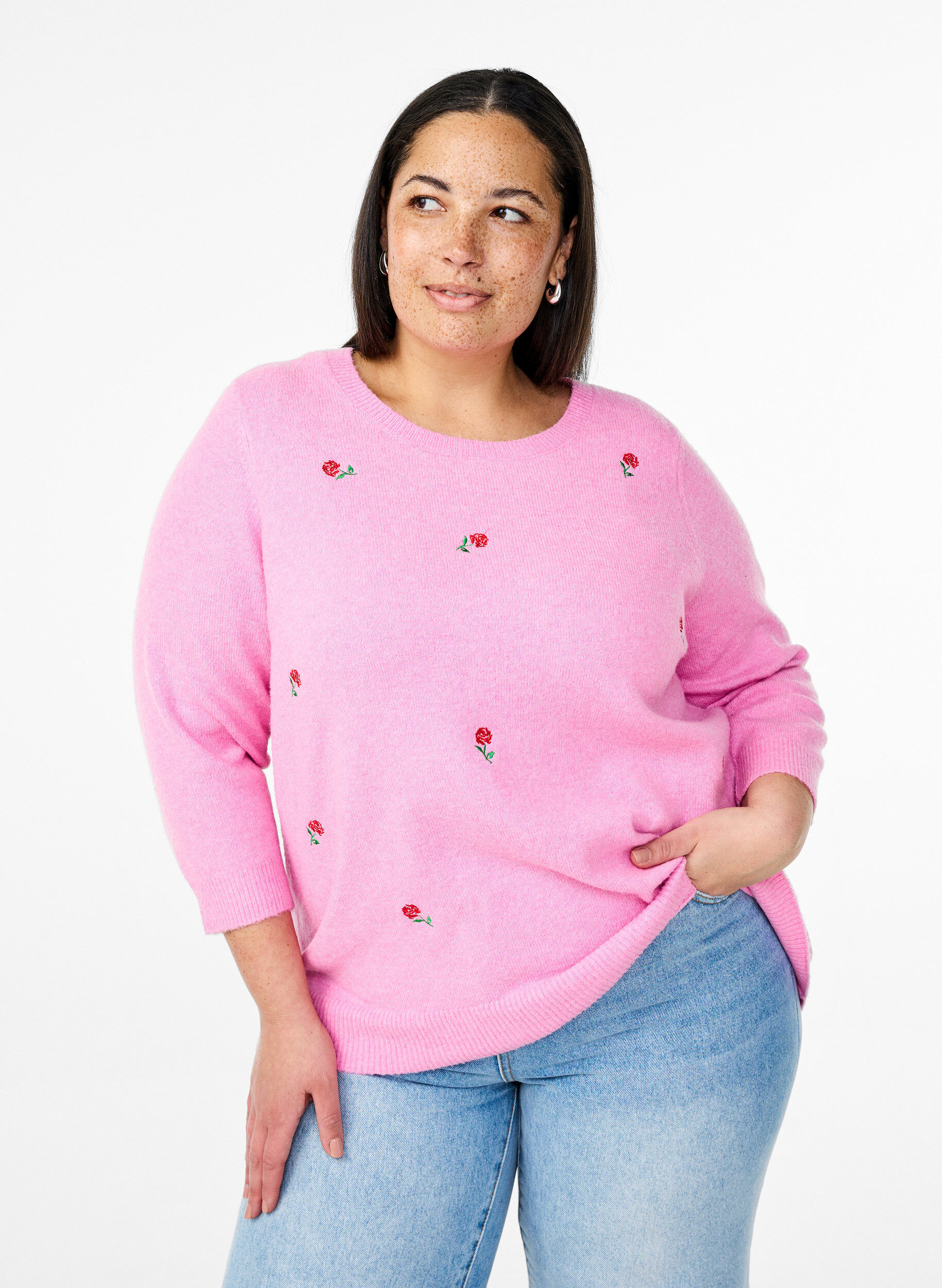 Zizzi Strikbluse med blomster og 3/4 &aelig;rmer, Begonia Pink Mel., Model image number 0