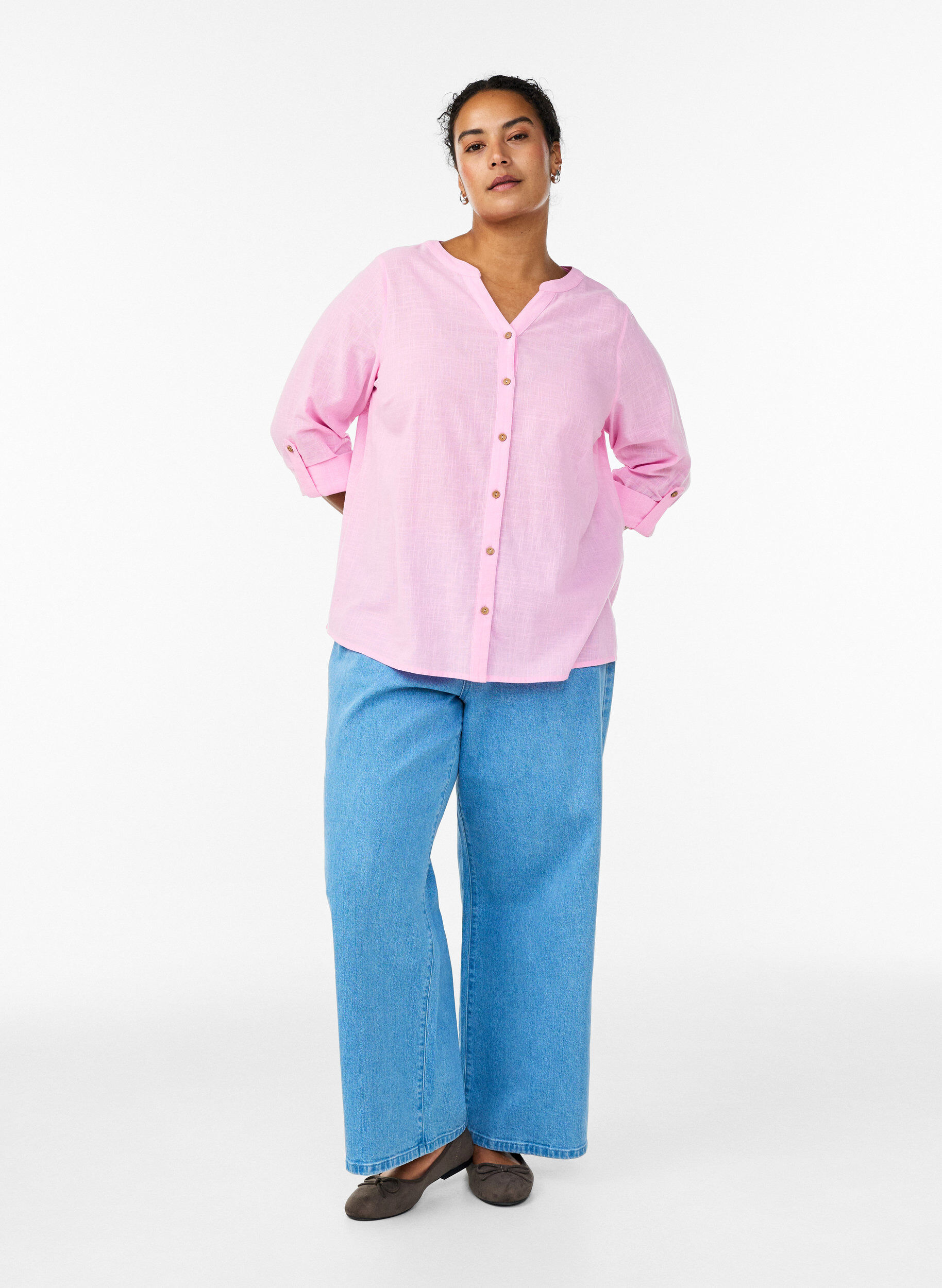 ZizziSkjortebluse i bomuld med V-udsk&aelig;ring, Lyser&oslash;d, Model image number 1