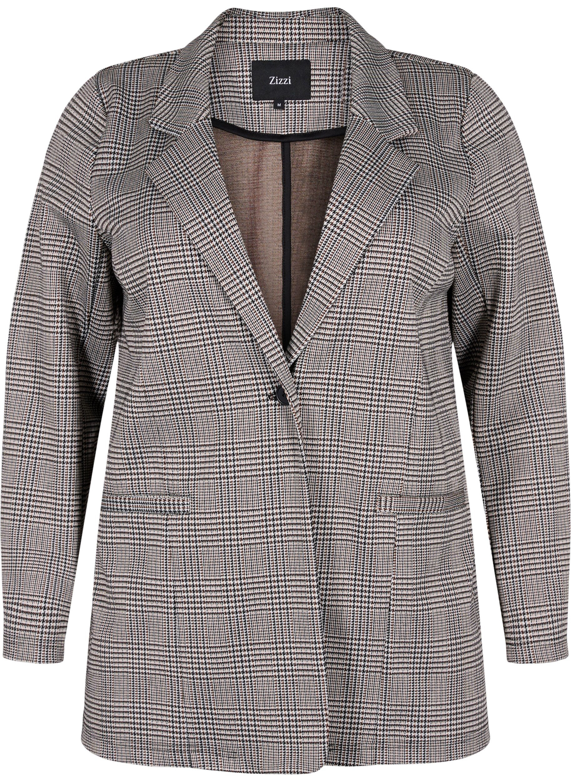 Zizzi Ternet blazer med knaplukning, Beige Brown Check, Packshot image number 0