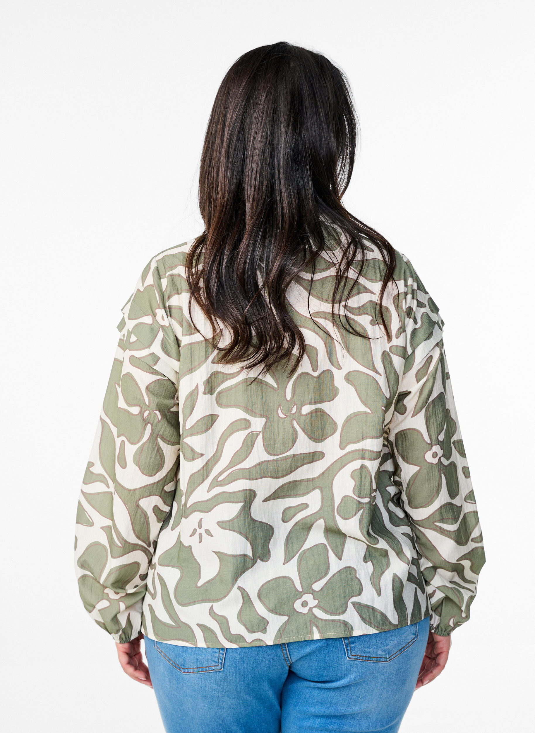 Zizzi Skjortebluse med print og fl&aelig;sedetaljer, Gr&oslash;n, Model image number 2