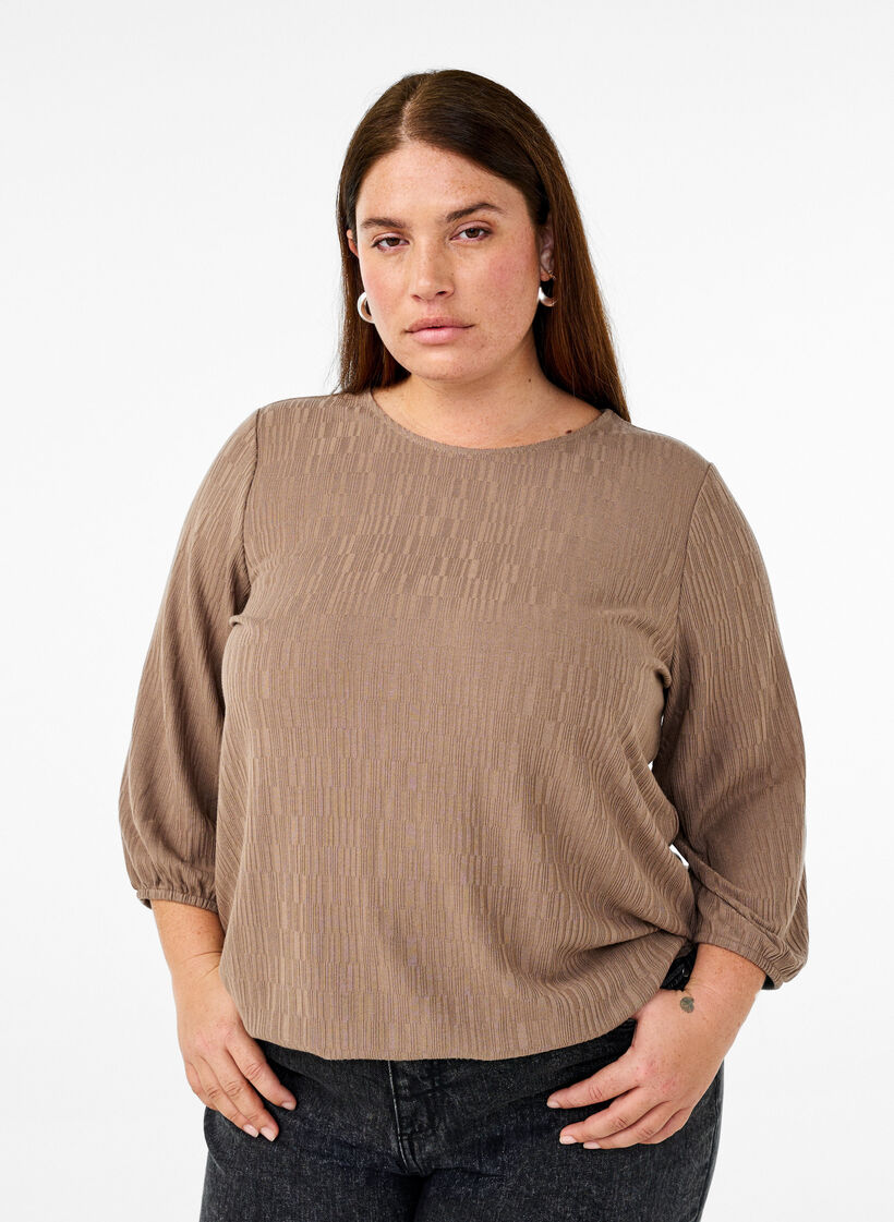 Bluse med struktur og 3/4 &aelig;rme, Brun, Model image number 0