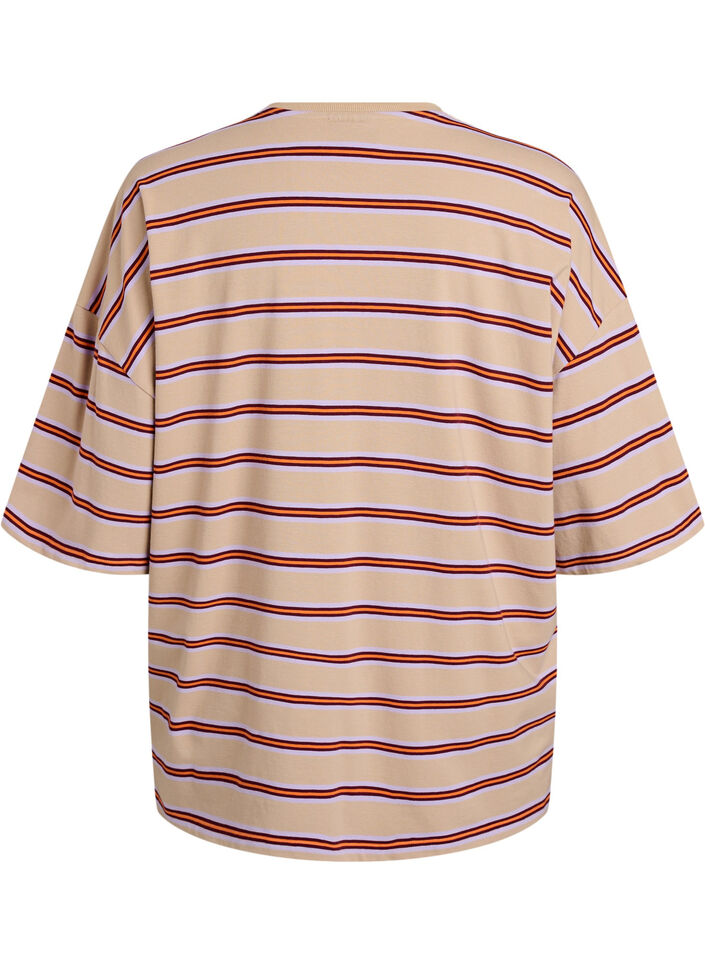 Oversize T-shirt med striber og 1/2 &aelig;rmer, Beige, Packshot image number 1