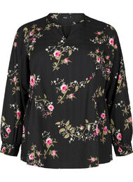 Langærmet bluse med blomsterprint, Sort