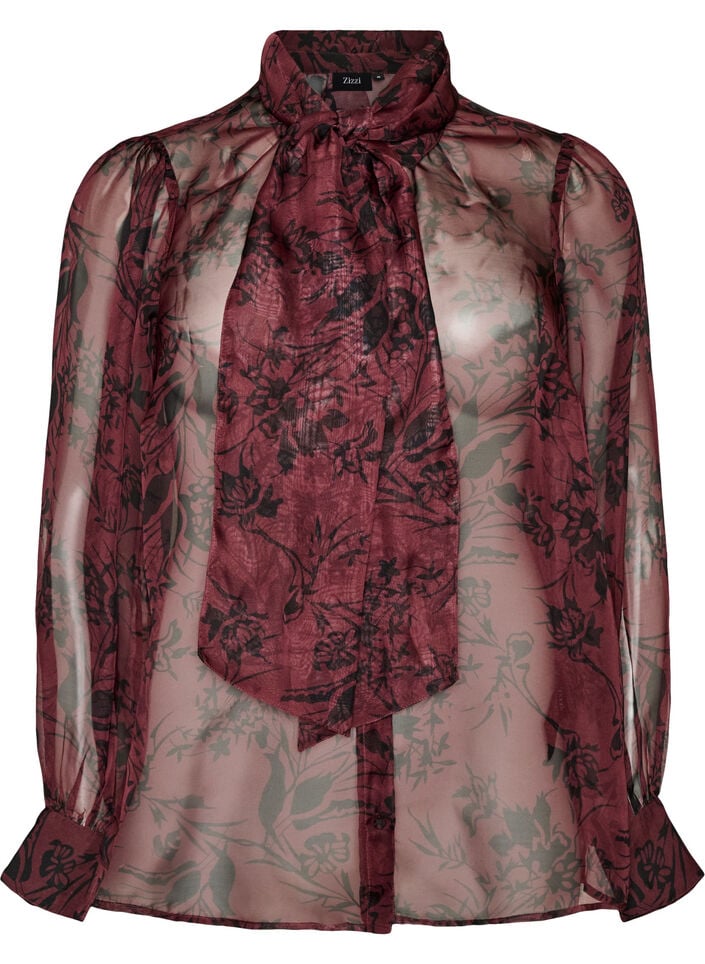 Transparent skjortebluse med blomsterm&oslash;nster og bindeb&aring;nd, M&oslash;rk Bordeaux, Packshot image number 0