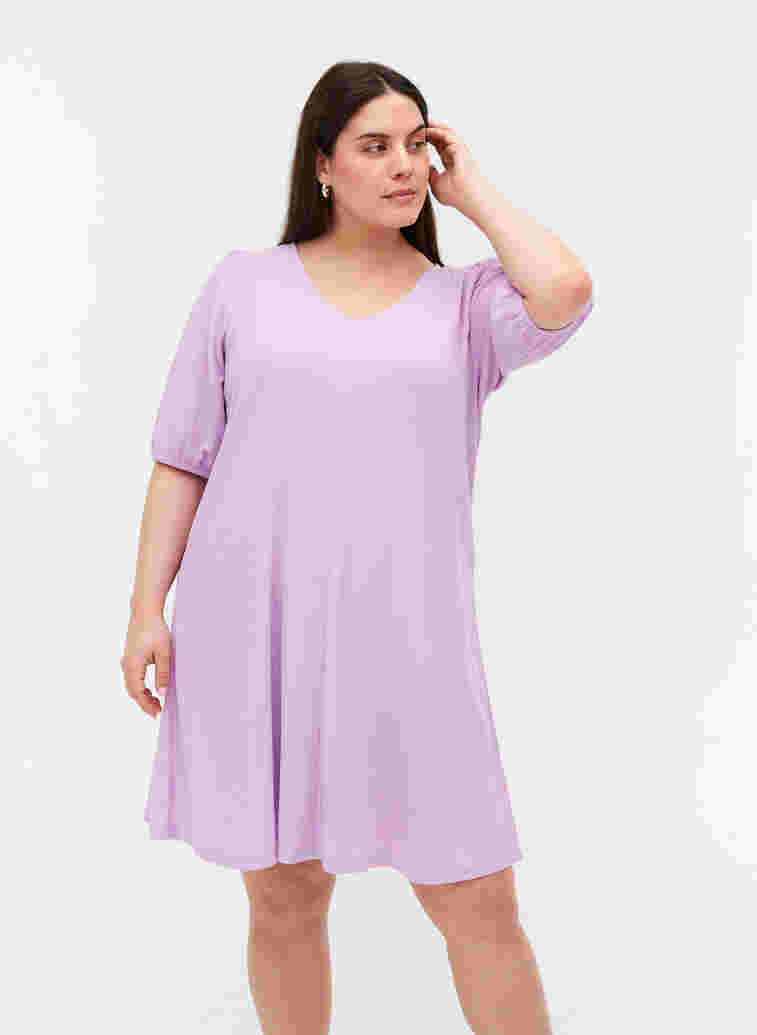 Kjole med pufærmer og v-hals, Purple Rose, Model image number 0