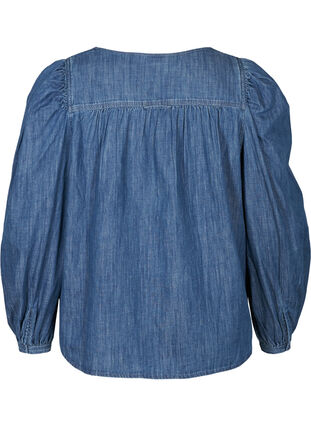 Denim bluse med lange pufærmer, Blue denim, Packshot image number 1