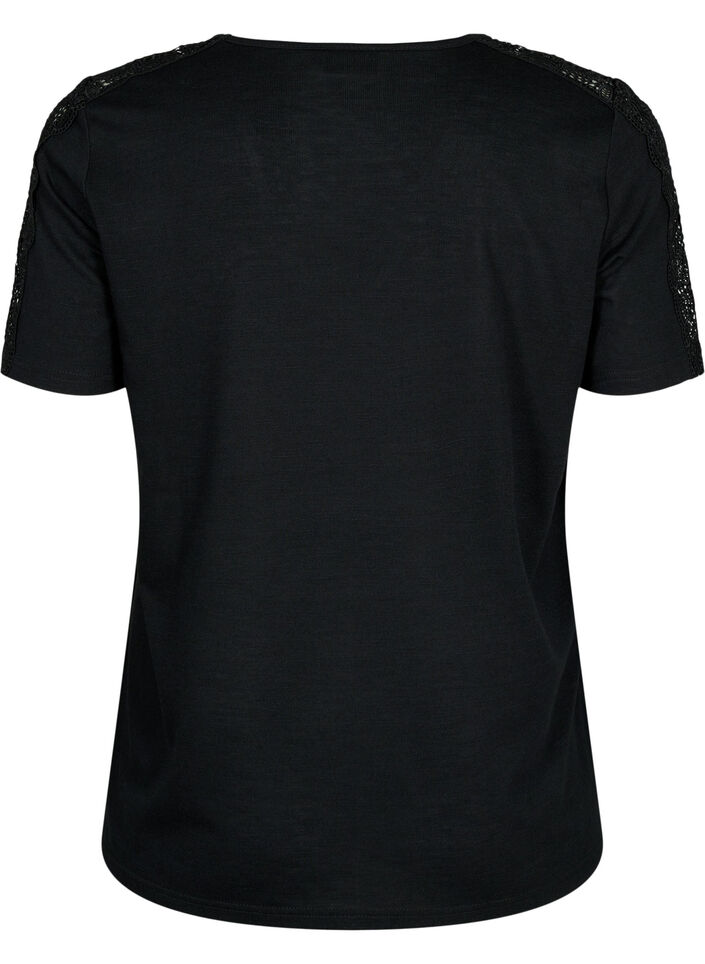 Kortærmet bluse med blonder og v-hals, Black, Packshot image number 1