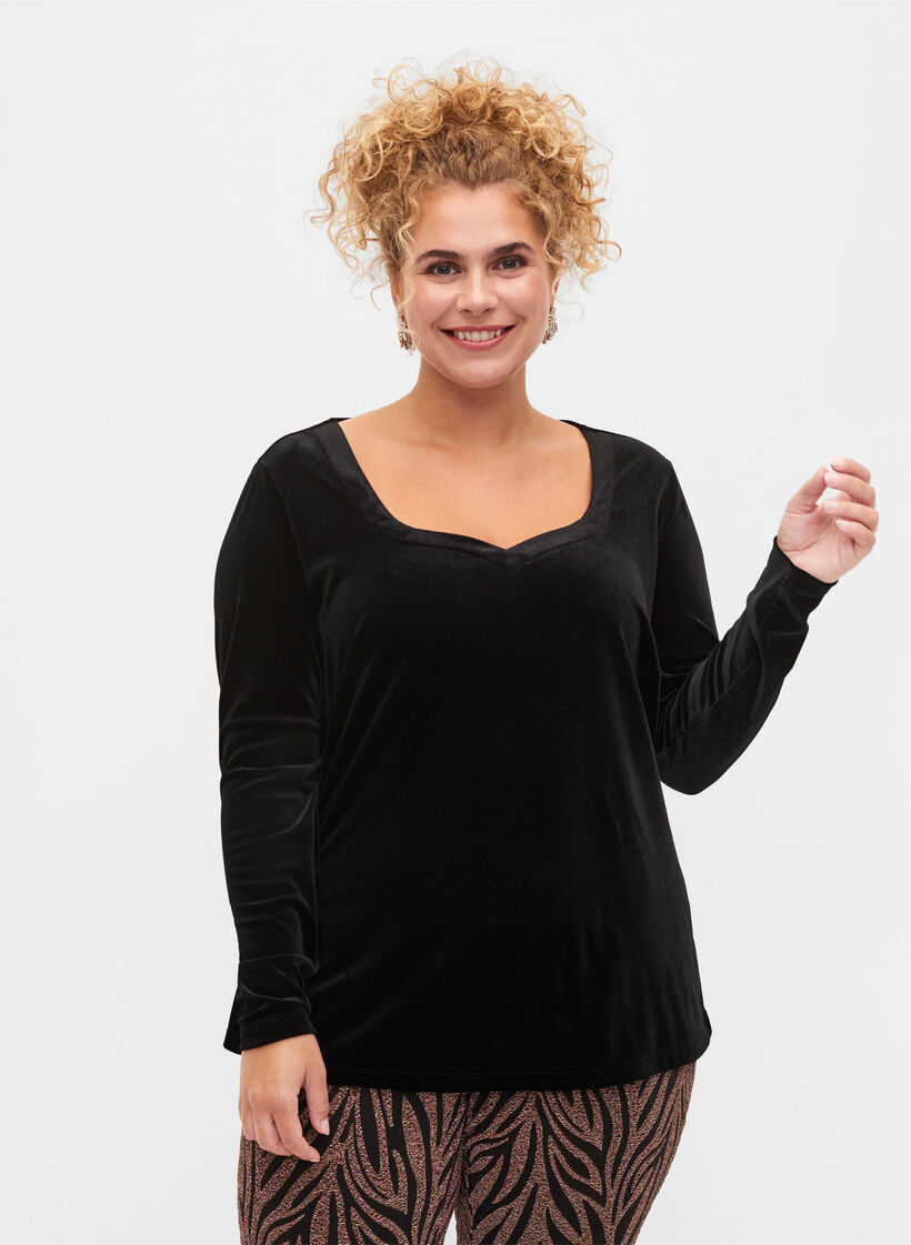 Velourbluse med lange ærmer, Black, Model image number 0