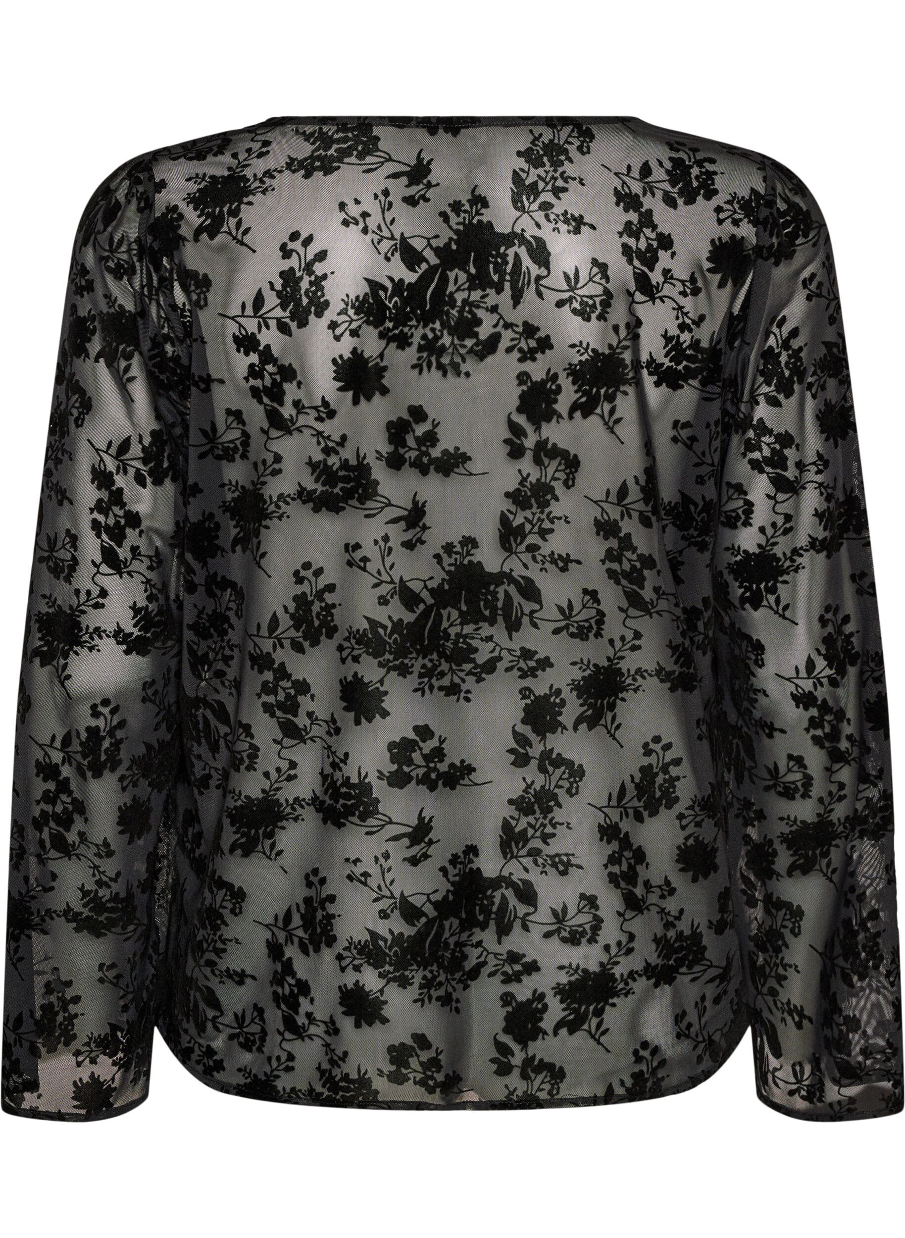 ZizziMeshbluse med blomsterm&oslash;nster og &aring;ben front, Sort, Packshot image number 1