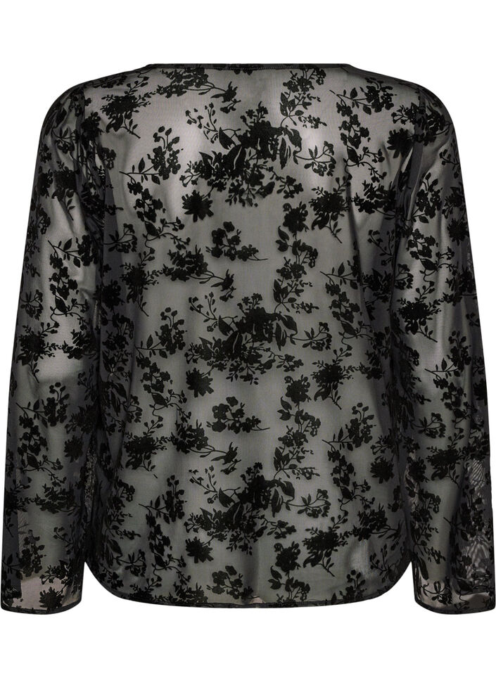 Meshbluse med blomsterm&oslash;nster og &aring;ben front, Sort, Packshot image number 1