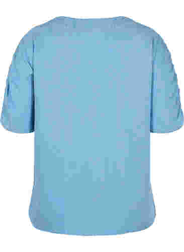 Bluse med draperede ærmer, Light blue denim, Packshot image number 1