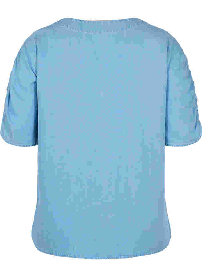 Bluse med draperede ærmer, Light blue denim, Packshot image number 1
