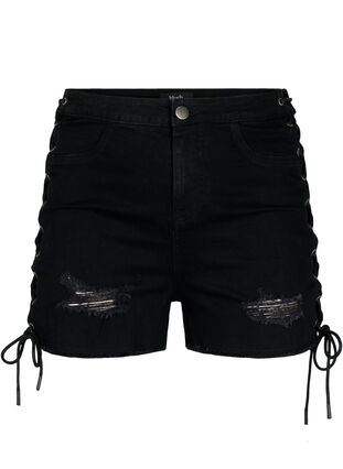 Ripped denim shorts med snøre, Black Denim, Packshot image number 0