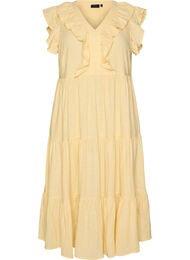 &AElig;rmel&oslash;s midikjole i h&oslash;r og viskose med fl&aelig;ser, Gul