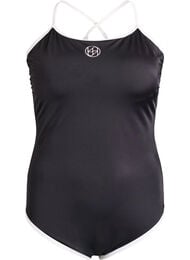 Sports badedragt med kontrastkanter og krydsede stropper, Sort