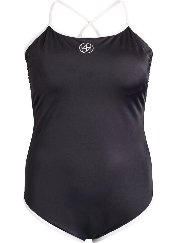 Sports badedragt med kontrastkanter og krydsede stropper, Sort, Packshot image number 0