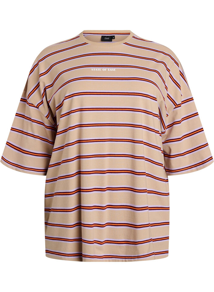 Oversize T-shirt med striber og 1/2 &aelig;rmer, Beige, Packshot image number 0