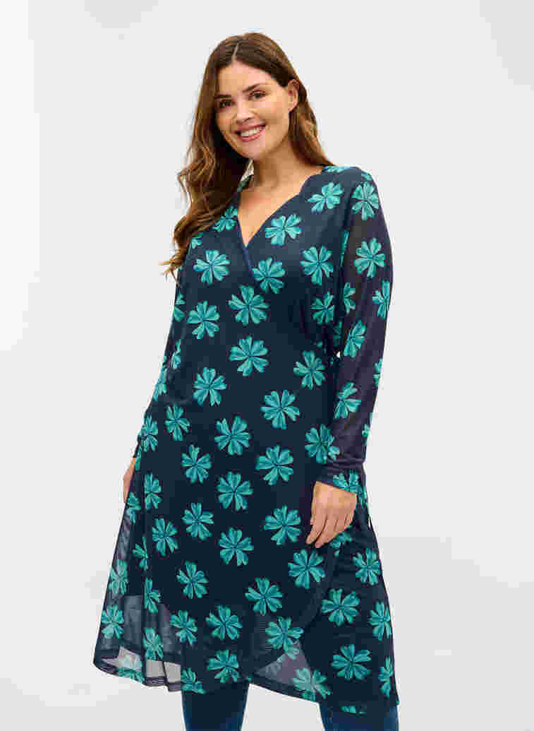 Printet meshkjole med wrap, Night Sky w Green , Model