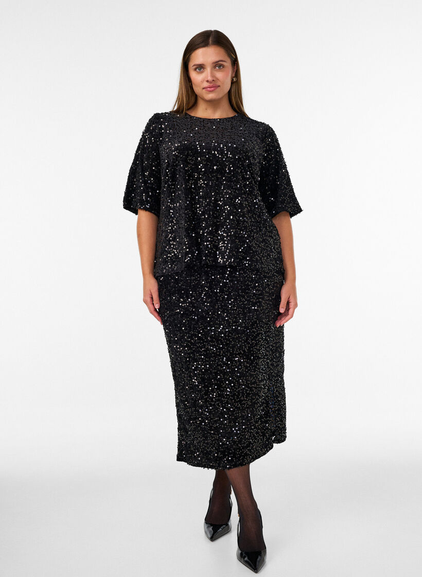 Midinederdel med pailletter og slidser, Sort, Model image number 0