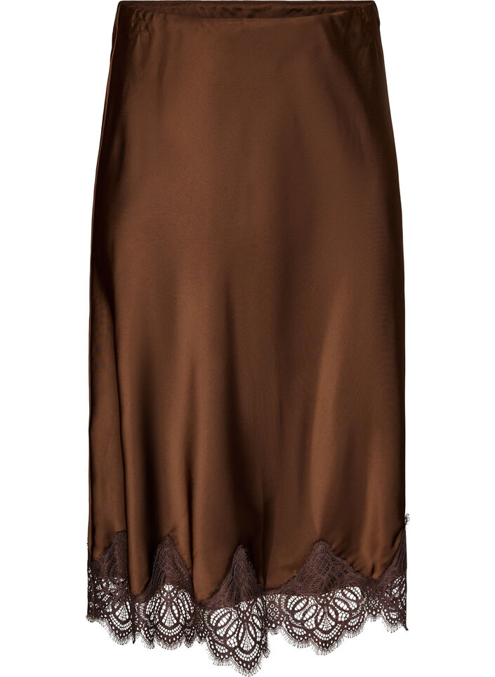 Midi satinnederdel med blondekant, Brun, Packshot image number 0