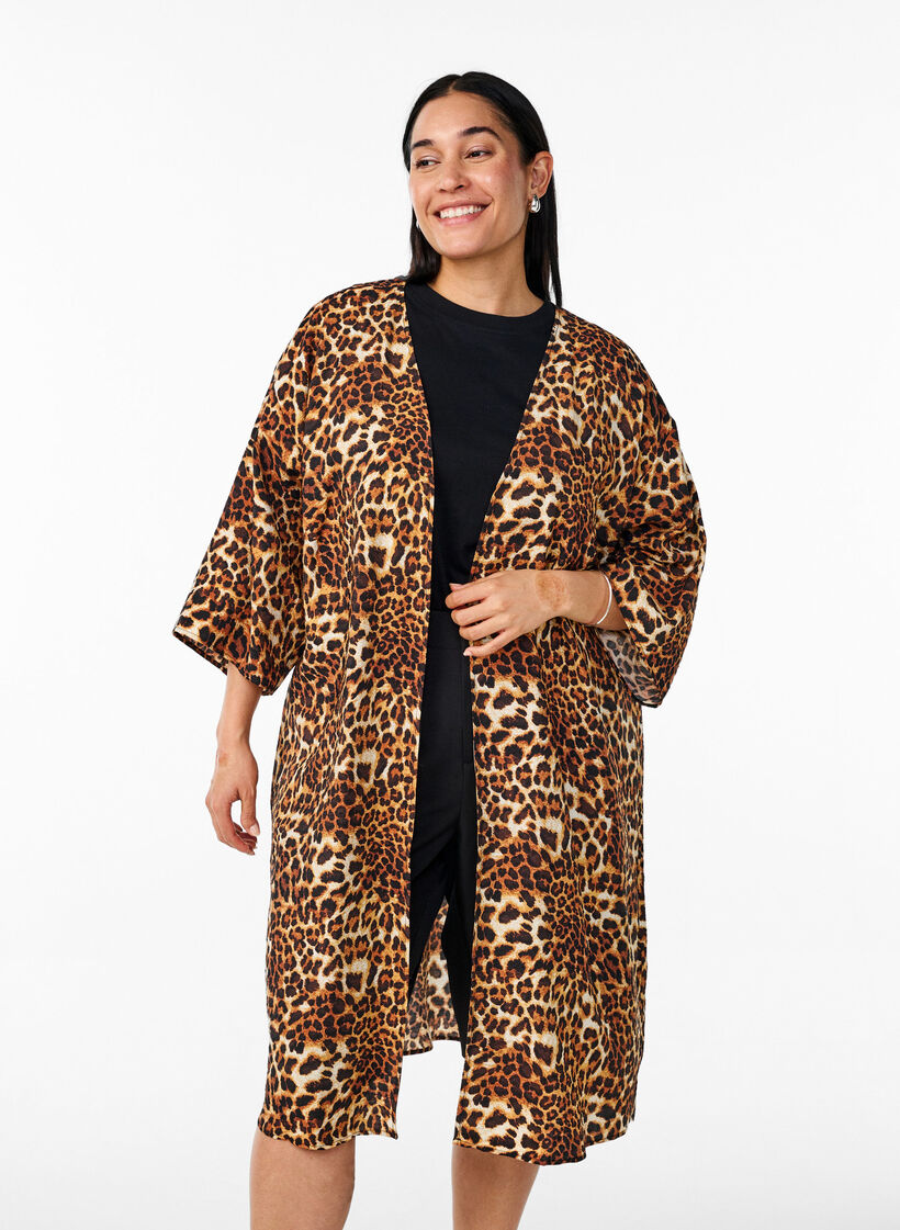 Kimono i viskose med 3/4 &aelig;rmer, Brun, Model image number 0