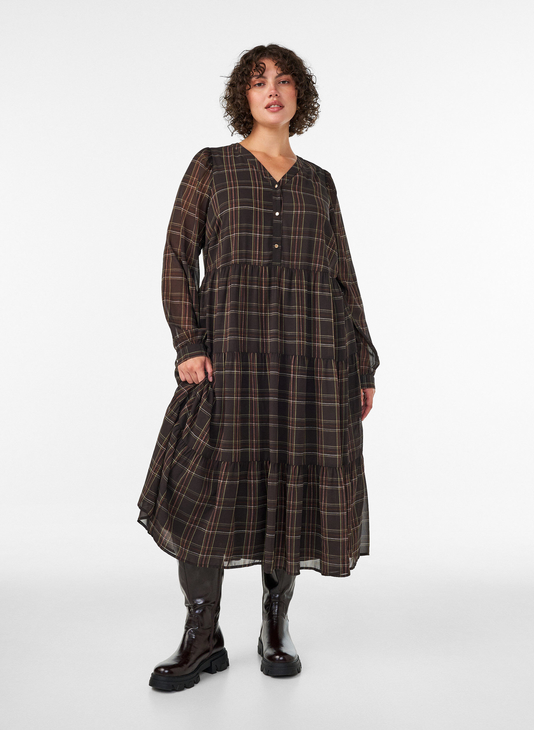 ZizziTernet midikjole med lagdelt sk&oslash;rt, Brun, Model image number 0
