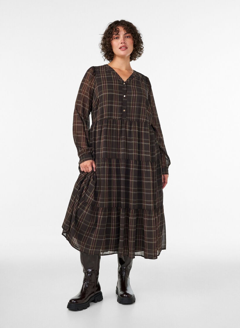 Ternet midikjole med lagdelt sk&oslash;rt, Brun, Model image number 0