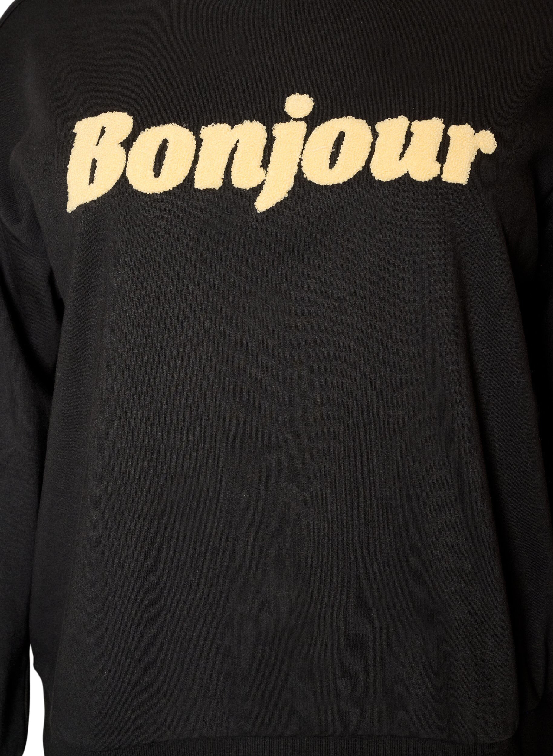 ZizziSweatshirt med tekstmotiv i boucl&eacute;, Sort, Packshot image number 2