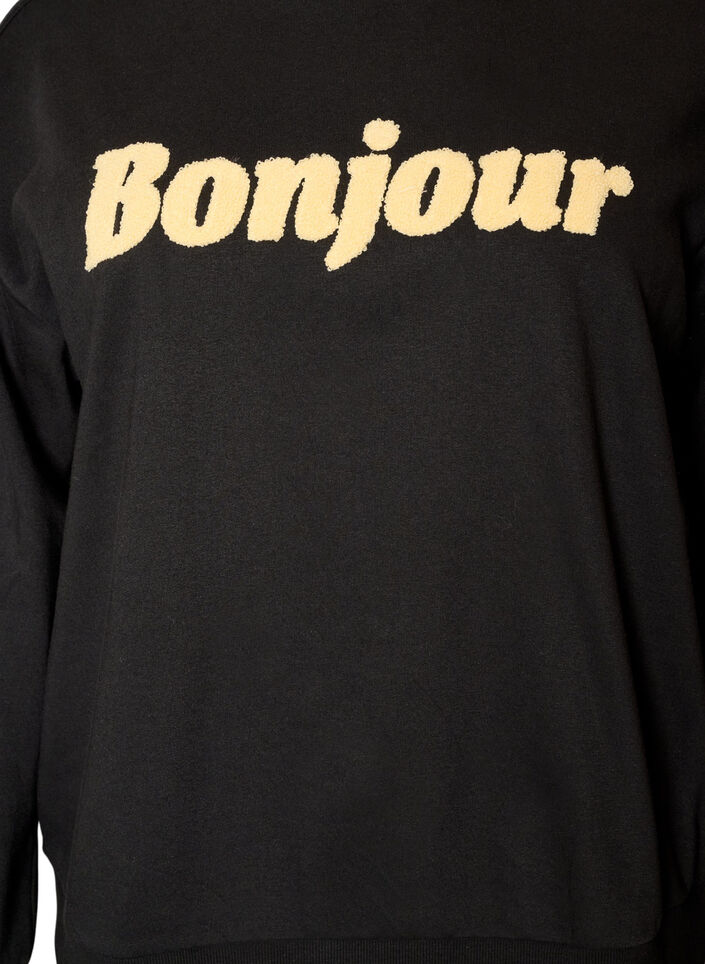 Sweatshirt med tekstmotiv i boucl&eacute;, Sort, Packshot image number 2