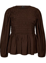 Bluse med smock og lange &aelig;rmer, Brun
