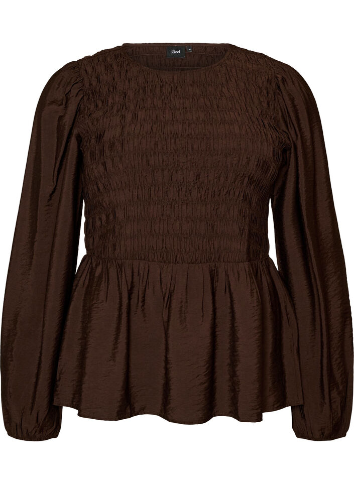 Bluse med smock og lange &aelig;rmer, Brun, Packshot image number 0