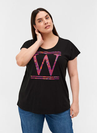 Økologisk bomulds t-shirt med farverigt tryk, Black W, Model image number 0