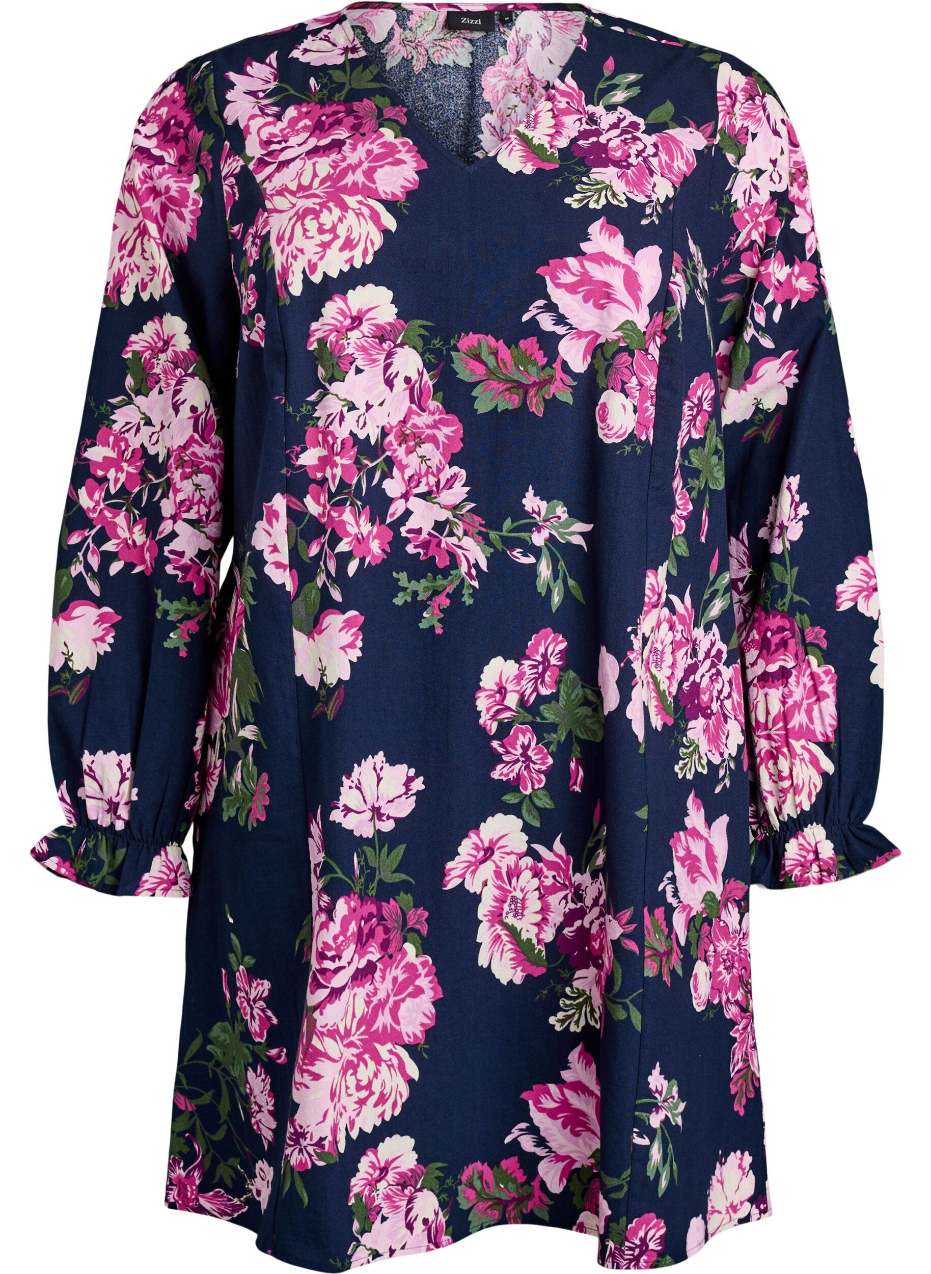 Kort bomuldskjole med V-hals og lange &aelig;rmer