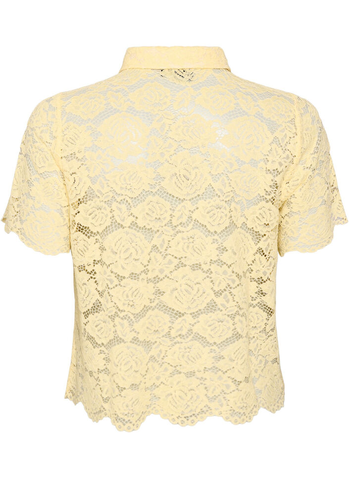 Skjortebluse i blonde med perleknapper, Gul, Packshot image number 1