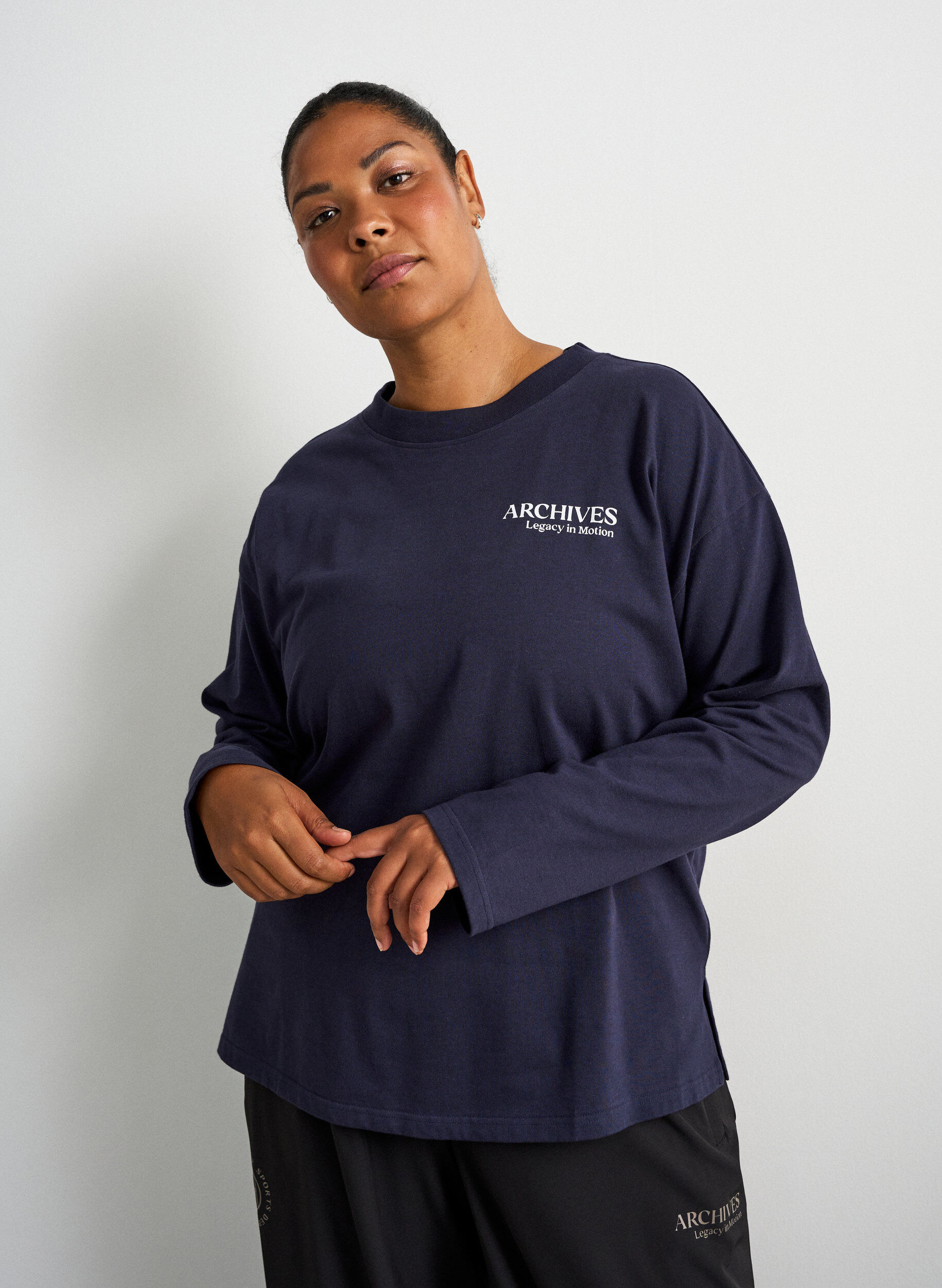 ZizziLang&aelig;rmet jerseybluse med tekstprint, Bl&aring;, Model image number 0