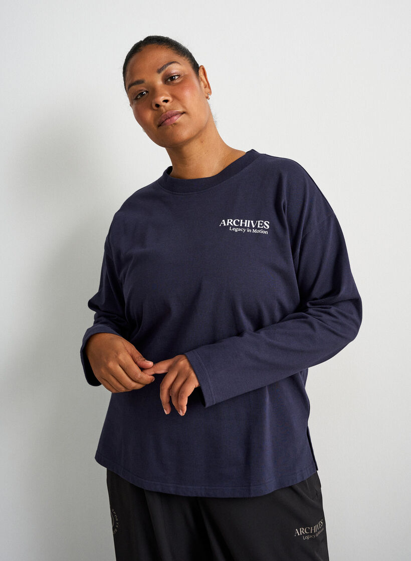 Lang&aelig;rmet jerseybluse med tekstprint, Bl&aring;, Model image number 0