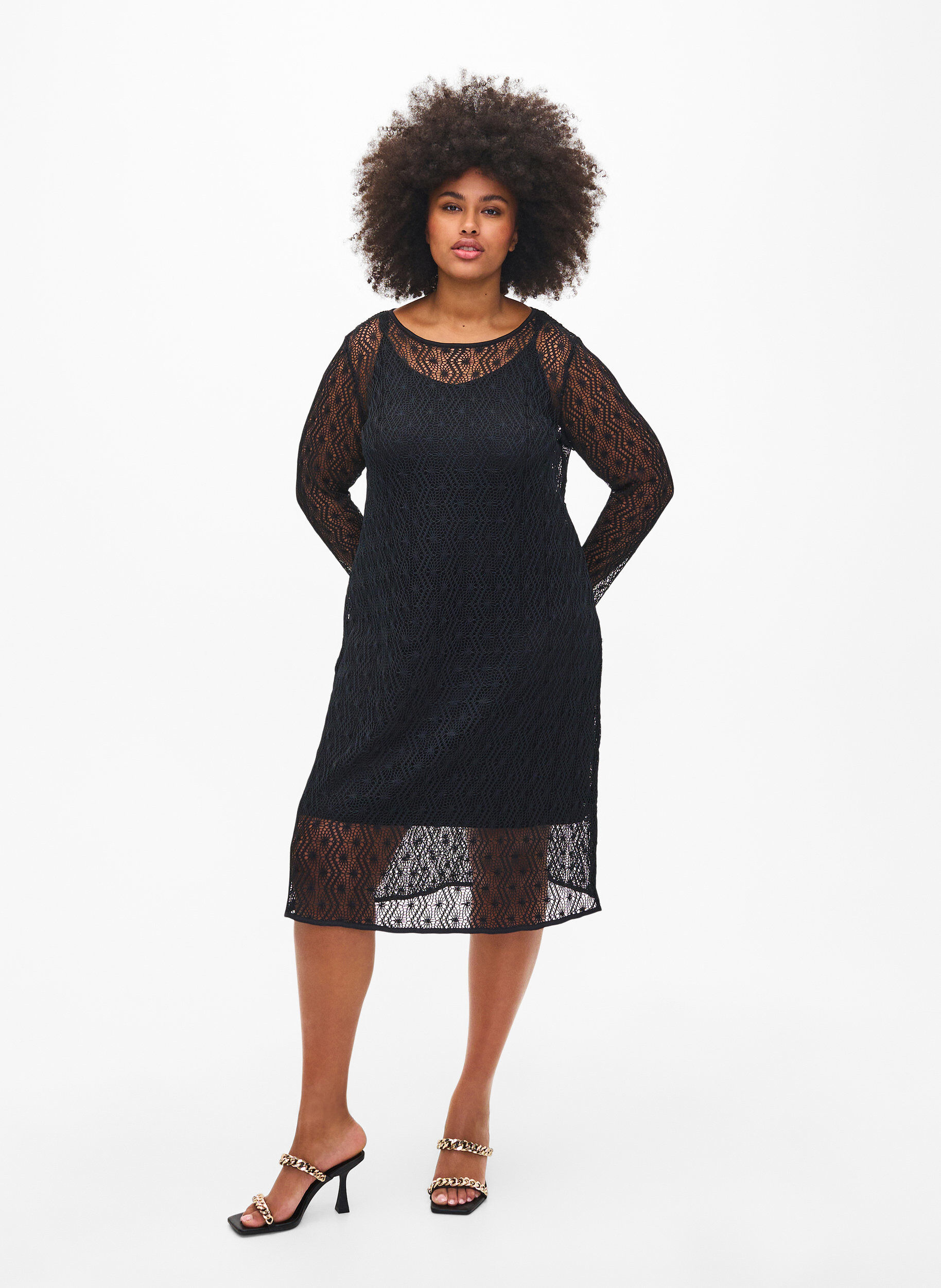 Zizzi Crochetkjole med lange &aelig;rmer, Black, Model image number 0