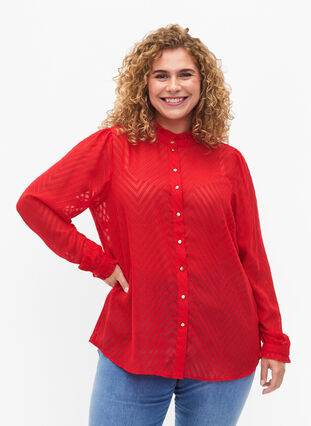 Skjortebluse med flæser og mønstret tekstur, Tango Red, Model image number 0