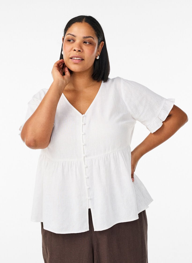 Bluse i h&oslash;r og viskose med V-udsk&aelig;ring og knaplukning, Hvid, Model image number 0