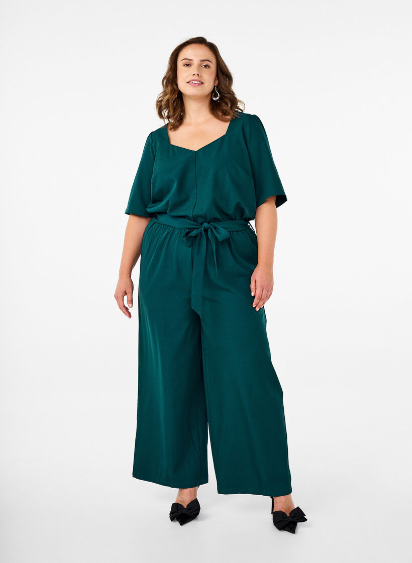 Jumpsuit med bælte og korte ærmer, Sea Moss Melange, Model image number 0