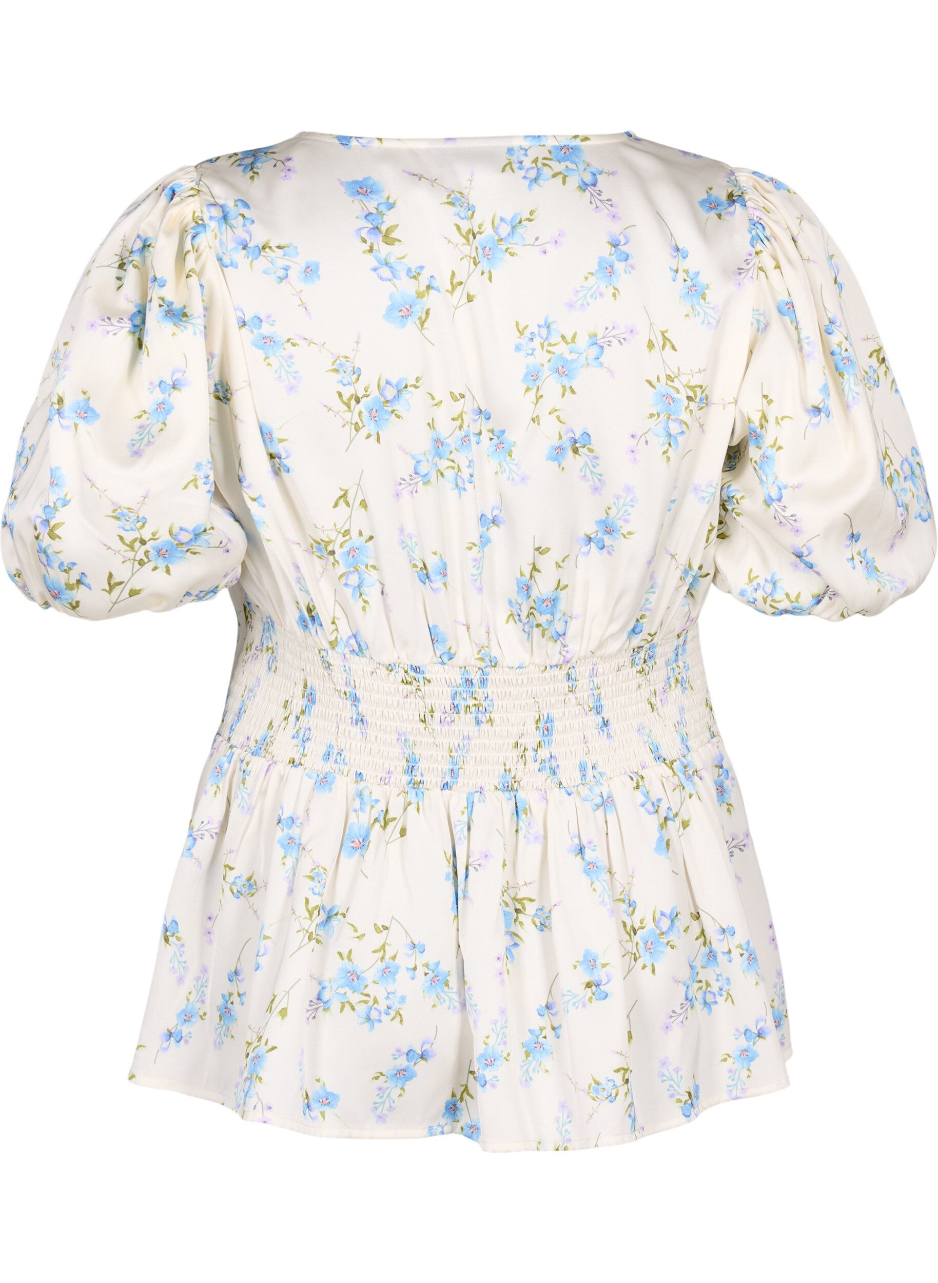 Zizzi Blomstret satinbluse med puf&aelig;rmer, Off White Blue Fl., Packshot image number 1